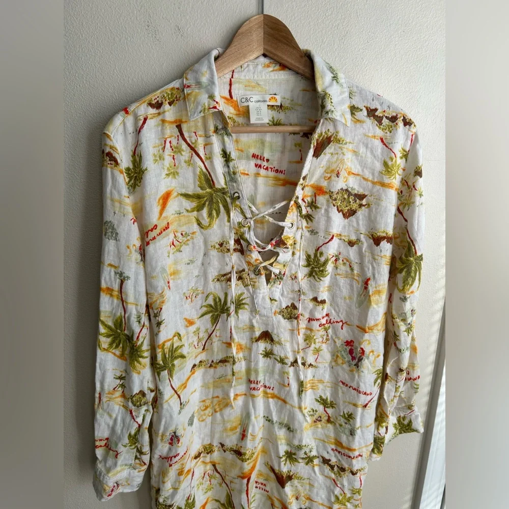 C&C California Linen Blend Lace Up Vacation Tropical Swim Cover Up Size S